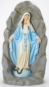 This is a one piece statue of Our Lady of Grace and Grotto that stands 36". Dimensions: 36"H X 20"L X 12"W. The piece is made of a resin/stone mix.