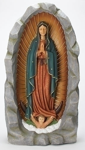 36" Resin/stone mix one-piece statue of Our Lady of Guadalupe and Grotto. Dimensions: 36"H X 20"L X 12"W