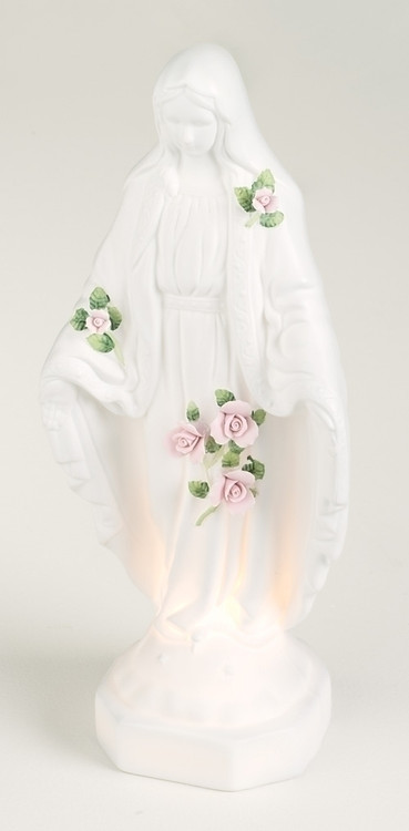 Porcelain Bisque Lady of Grace Night Light with cord. Our Lady of Grace "Touch of Rose" night light is 12" in height. Our Lady of Grace Night Light is lovely edition to any bedroom.