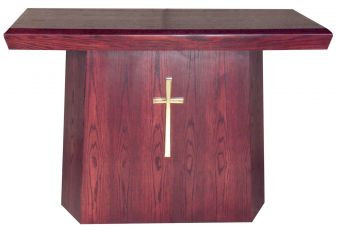 This handcrafted Altar offers simple elegance in a timeless style. The Altar is crafted using red oak and red oak veneer. Dimensions: 40" height, 60" width, 32" depth. Brass cross available at additional cost