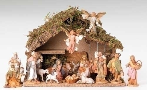 Fontanini 5" Scale 16 Piece Nativity Set including Italian Stable.  Dimensions of Stable: 17"W X 12"H X 9"D. Wood, Moss, Bark and Polymer Materials. 
