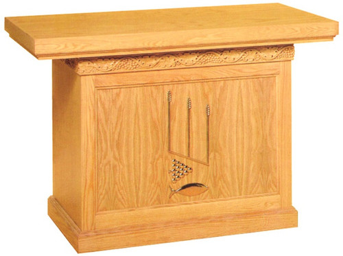 The communion table is crafted using red oak and red oak veneer. 