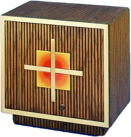  This tabernacle features all wood construction, a cabinet lock, satin bronze brass trim and a satin cloth lining. The tabernacle is 18" high, 19" wide and 12 1/2" deep.