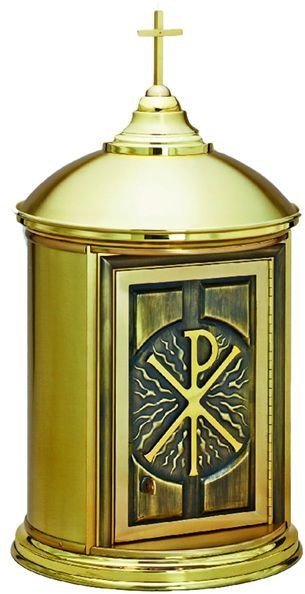  All brass construction, satin finish with polished accents, satin lined inside, Door is 9.25"W x 14.5"H.  Overall Dimensions: 30"H, 16.5" Base diameter, inside chamber diameter is 14".