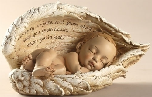 Sleeping Baby in Wings, "Heavenly angels sent from above, keep you from harm, wrap you in love". Resin/Stone Mix  8.25"W x  4.25"H x 4.25"D