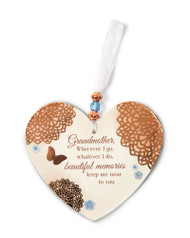 3.5" x 4" Heart-Shaped Ornament. Made of a hard resin material. Ornament says "Grandmother, Wherever I go, whatever I do, beautiful memories keep me near to you"