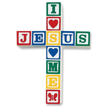 Jesus Loves Me spelled out in primary color building blocks making a cross for display in bedroom or nursery. 8.5" x 6", white background; stone resin.
