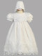 Beautiful short sleeved white embroidered organza christening set. The white organza gown features intricate floral embroidery, scalloped hem and short puff sleeves.  Gown comes with matching bonnet. Made in USA. 

