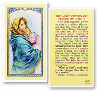 A Mother, the Most Important Person on Earth Laminated Holy Card. 