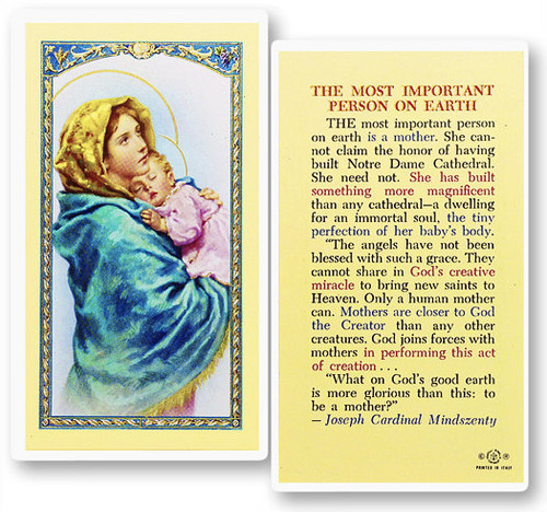A Mother, the Most Important Person on Earth Laminated Holy Card. 
