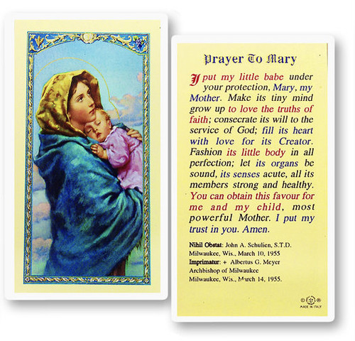 Clear, laminated Italian holy card. Features World Famous Fratelli-Bonella Artwork. Measures 2.5'' x 4.5''