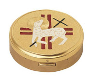 Hospital Pyx has enameled lamb and cross and  is 24k gold plated with oxidized silver medallion. Pyx has a hinged cover. Pyx measures 3 1/4"D x 1"H. Host Capacity-60 (Based on 1 1/8" host). Use with Burse K3085, sold separately. 

 