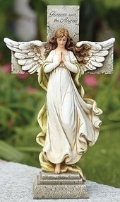 12"H Memorial Angel and Cross. Made of a Resin Stone Mix. Actual dimensions: 11.75"H x 7"W x 3.25"D