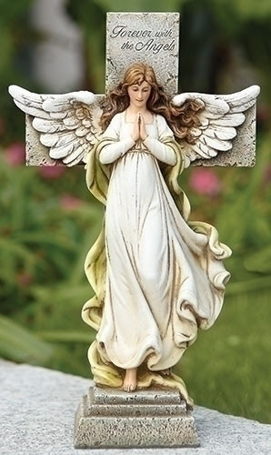 An angel with wings splayed out standing in front of a cross engraved with the saying “Forever with the Angels.”  12"H Memorial Angel and Cross. Made of a Resin Stone Mix. Actual dimensions: 11.75"H x 7"W x 3.25"D