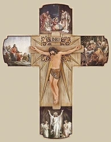 12"H The Life of Christ Crucifix. Resin Stone Mix material. Dimensions: 12"H 9.5"W 1.25"D. 