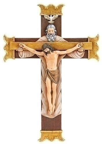 The Holy Trinity Crucifix. The Holy Trinity Crucifix is made of a resin/stone mix material. The dimensions of the Holy Trinity Crucifix are: 10.13"H x 7"W x 1"D. 
