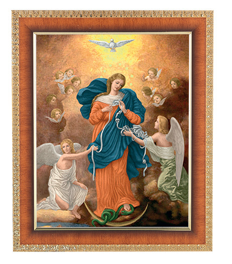 Our Lady Untier of Knots in a natural tiger cherry finished frame with finely detailed gold leaf edge. 10" x 12" Overall Dimensions. 1.25" Wide Facing to Fit an 8" x 10" Italian Lithograph Under Glass.
