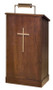 Lectern with extended shelf for lamp and microphone

Two inside shelves and a wood cross

Dimensions: 45" height, 24" width, 20" depth

Brass lamps and symbols are available for additional charge