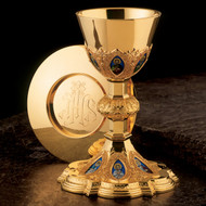 The Twelve Apostle's Chalice and 6 1/4" Scale Paten with Ring.  Rich filigree overlay on cup and base,  with fine hand-painted fire enamel medallions, depicting the Twelve Apostles. Chalice and paten made in sterling silver , 24 karat gold-plated finish.  8.5" height, 12 oz. Capacity,  Cup 4 /38" diameter, 6 1/4" diameter dish paten.