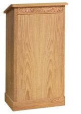 Lectern with extended shelf for lamp and microphone. Two inside shelves. Dimensions: 45" height, 24" width, 19" depth