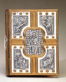 Book of Gospels cover for use during the Liturgy of the Word.  Christ the Pantocrator is depicted in rich detail and surrounded by the symbols that traditionally represent the Four Evangelists.  The book cover comes from the artisans of Molina of Spain and is available in your choice of a brass, silver plate, gold plate, or two-tone finish.  When you place your order please include the precise dimensions of your Book of the Gospels. Minimum Size: 13H x 8 5/8"W x 1 1/4"Spine  Maximum Size: 4 3/16"H x 9 1/4"W x 1 9/16" Spine The size of your book should be within the range of the dimensions. A larger book cover may be custom-produced at an additional cost, but a smaller cover may not.  A clasp is available at an additional cost. 
