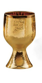 Memorial Chalice 5165 is constructed of Gold Plated Brass. The Chalice is fully hand hammered with double cup construction. Chalice Height is 6 3/4" and Cup Diameter is 4". The Cup holds 14oz.   The Memorial Chalice is imported from Spain. 5 3/4" Paten is included. Please choose option. Please allow 5 to 8 weeks for delivery.