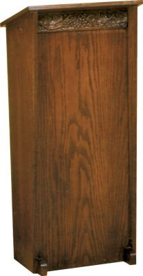 Lectern with Wheat and Grape Carving. Two inside shelves. Dimensions: 44" height, 20" width, 15" depth