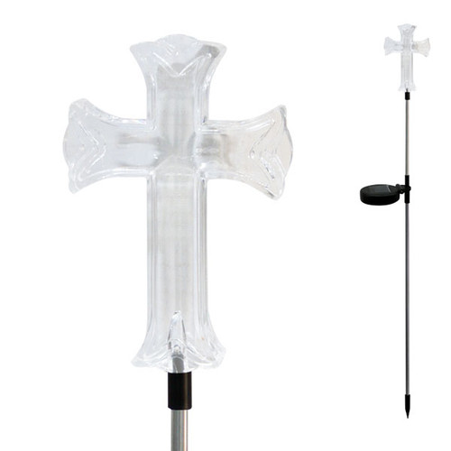 4" x 3" x 34"H Acrylic LED lit cross with metal stake. Charges during the day and illuminates at night. Ideal for garden landscapes, yards, porches, balconies, pathways, churches, cemeteries or memorial sites. Easy to install, no wiring required.