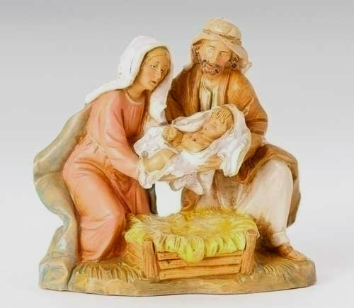 Holy Family 5" scale figurines depict Mary and Joseph tenderly placing the newborn baby Jesus into a soft bed of hay.  The highly skilled artisans at Fontanini have painted this intricately detailed heirloom piece. Gift boxed with a story card. 
