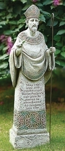 This beautiful and unique celtic garden statues features St. Patrick and is designed with some colored detailing and a natural cement finish. On the front of the statue, the words "May the love and protection Saint Patrick can give be yours in abundance as long as you live" are written.
Dimensions: 26.5"H x 7.5"W x 5"D
Resin and stone mix