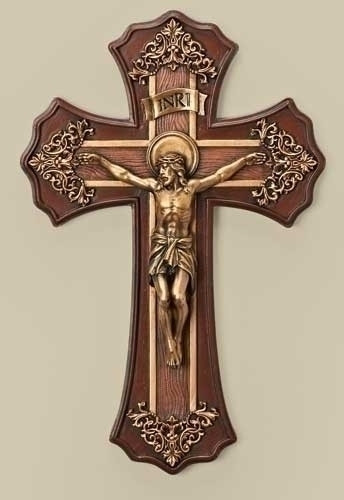 Victorian Style Oak and Antique Gold Finish Wall Crucifix. Resin/Stone Mix. Dimensions: 10.25"H x 6.75"W x 1.25"D