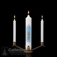 This distinctive Unity Candle ensemble executed in soft tones projects the deep significance of the matrimony ceremony.  The ensemble includes center candle (3"W)  and two side candles (2" x 12"). Comes with a  gold finish stand as pictured. 