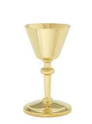 24 Kt Gold plate Chalice is 7.5" in height and has an 8 oz. capacity. 5.5 scale paten included.

