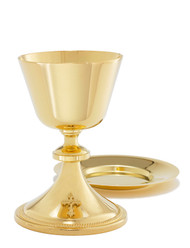 Chalice, A-107G. 7 5/8"H, 24kt gold plate. Holds 15oz, and comes with a 6.75" well paten. 

Chalice, B-108G. 24kt gold plate. 9.5"H., Holds 300 Host based on 1 3/8" host