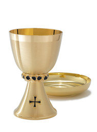 Chalice, A-113G, 6 3/4"H  24kt gold plate chalice. Holds 15oz. Comes with a 6 1/8" bowl paten

Ciborium, B-114G, is 24kt gold plate. Holds 225 hosts, 7.25" high. 