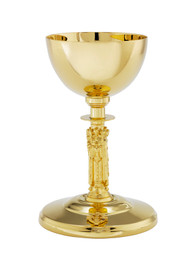 24kt gold plate Chalice. Stem of the chalice is the Holy Family. Ht. 7 7/8". Holds 14oz. and comes with a 5.5" scale paten