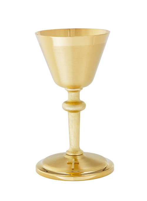 24kt gold plate Chalice in brushed finish with cross on the bottom of base. Ht 7 3/8" 8oz. 5.5 scale paten included.
