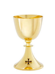 Chalice with a 5.5" Scale Paten, A-150G, 24kt gold plate 7 5/8"High,  Holds 15oz. 

Ciborium is 7 3/8"H and is 24kt gold plate. Ciborium holds 175 hosts based on 1 3/8" host. 