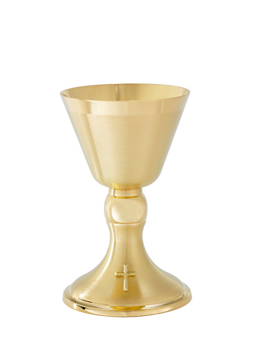 24kt gold plate Chalice is 6 5/8"H. Holds 8oz. Comes with a 5.5" scale paten