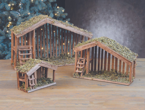 Image of the Nativity Wood Stables in three different sizes with moss-covered floor and roof.

