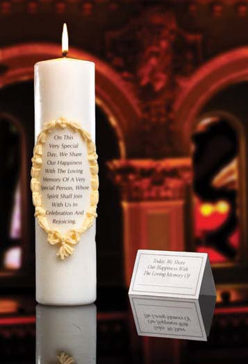 3" x 12" S.H.E.  White Stearine Pillar. A fitting way to observe the spiritual presence of a deceased loved one. Verse on candle reads - "On this very special day, We share our happinesss with the loving memory of a  very special person, Whose spirit will join us in celebration and rejoicing." Comes with place card for personalization. 