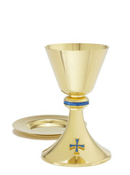 Chalice is available in 24kt gold plate or silverplate gold-line.  Ht. 6 7/8" 8oz. Comes with a 5 3/8" well paten