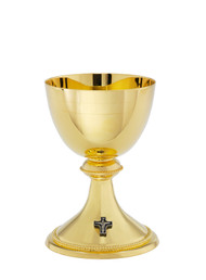 Chalice, 24kt Gold Plate, A-490G, Ht. 6.5". 12oz.  6 1/8" bowl paten included. 
Ciborium, B-491G, 24kt. gold plate.  Host capacity 225. Ht. 8"