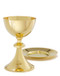 Chalice, A-715G, 24kt gold plate, Ht. 7.25" and holds 13oz.  Included is a 6.75" well paten.

Ciborium 24kt gold plate, B-752G, 9 7/8"Ht,Holds 200 host based on 1 3/8" hosts.   