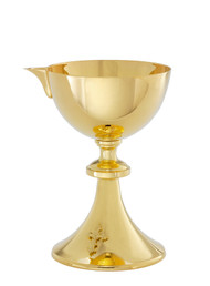 Chalice with pouring spout. 7 3/8"H and holds 12oz. 24kt gold plate or silver plate with gold line for lasting durability. 