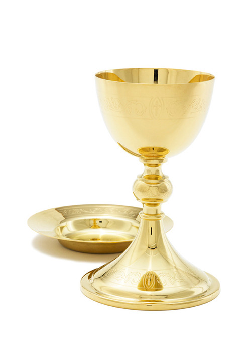 Chalice 24kt gold plate. Ht. 8"  12 oz.  Scrolled design on chalice cup and base. The chalice comes with a 6.5" deep well paten. Made in the USA. 