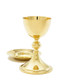 Chalice 24kt gold plate. Ht. 8"  12 oz.  Scrolled design on chalice cup and base. The chalice comes with a 6.5" deep well paten. Made in the USA. 
