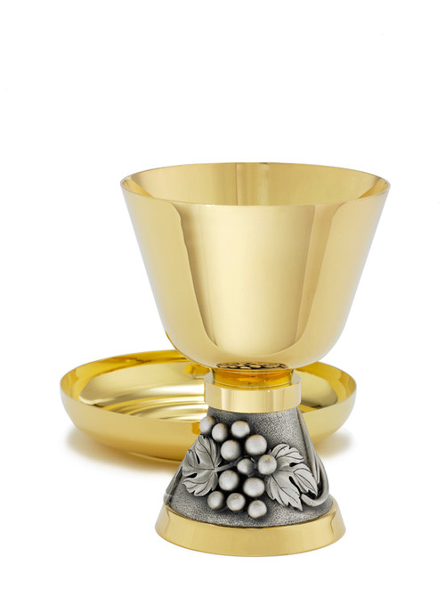 Chalice is 24kt gold plate. Ht. 6 3/8"  18oz. 6 1/8" bowl paten

Ciborium is 24kt gold plate. Ht. 7.75".  Host 300 based on 1 3/8" host