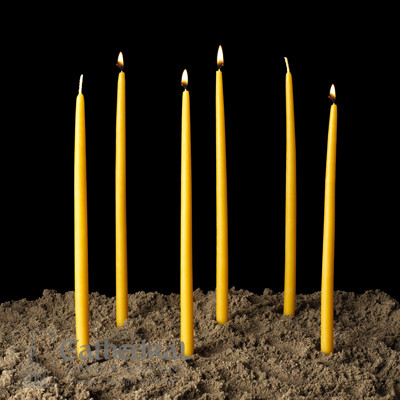These are traditional candles, made of 100% pure beeswax and unbleached so they retain the traditional color of candles used in Orthodox churches for centuries.  Three sizes 1/4"D x 11" (600 candles per box), 3/8" x 11" (340 candles per box) or 7/16" x 11" (260 candles per box). 