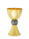 Hammered Texture Chalice is made of 24kt gold plate. Silver fish design on node of cup. Chalice height is 7 3/8" and holds 12oz.  Chalice comes with a 6 1/8" bowl paten. 

Ciborium B-5009G 24kt gold plate. Ht. 8.5" Host 225. Hammered Textured. Made in the USA